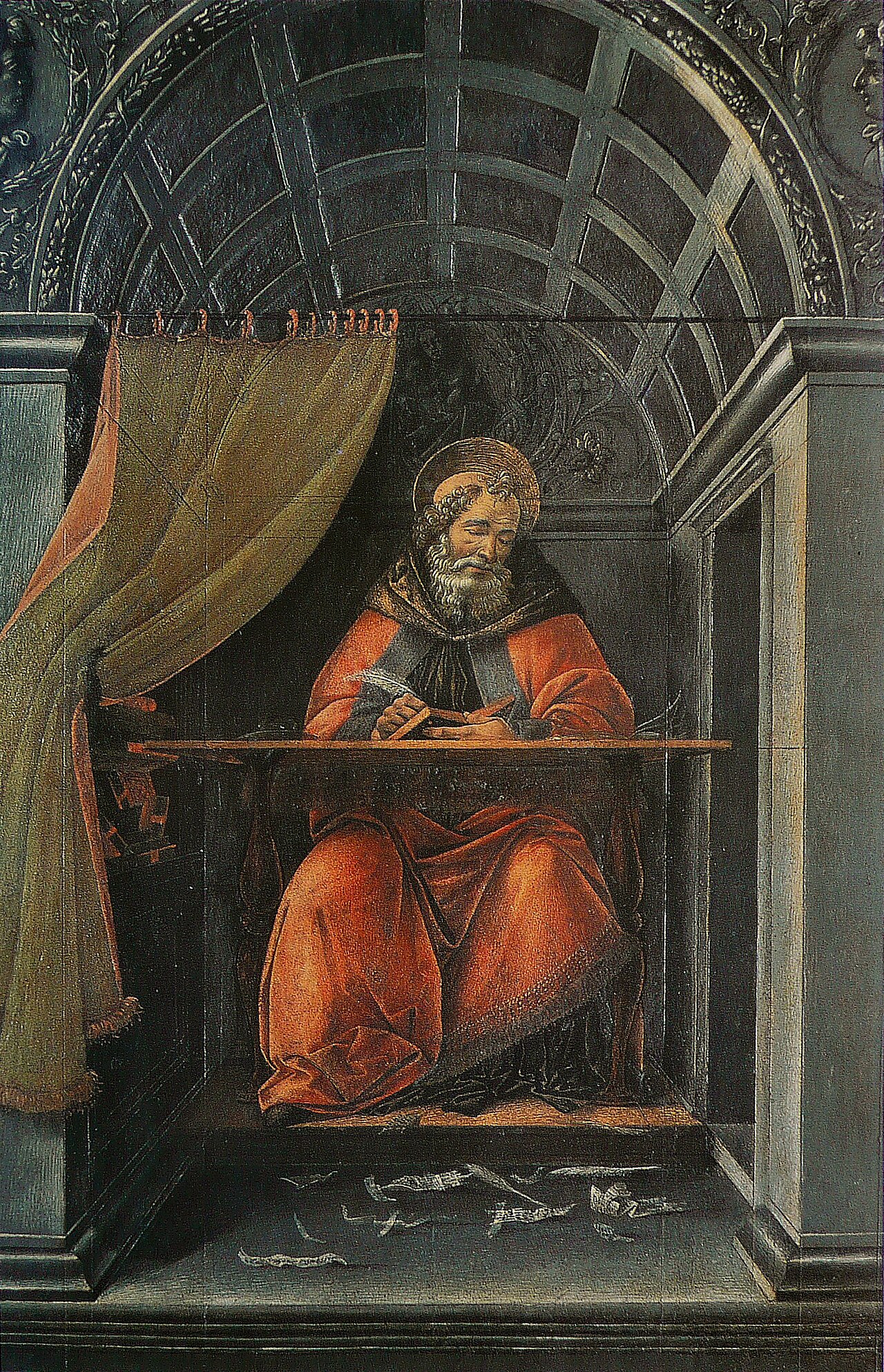 «San Agustín en su estudio», de Sandro Botticelli (entre 1490 y 1494 según Commons). Imagina al obispo como un erudito renacentista: es una recepción artística de más de mil años después, no evidencia de su aspecto ni de su entorno.