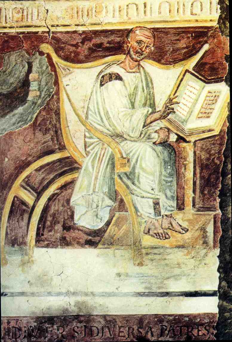 Fresco de la capilla Sancta Sanctorum del Laterán (Roma), hacia 550–600 según la ficha de Commons, que se identifica con Agustín. Es una representación posterior a su muerte en más de un siglo, no un retrato del natural.