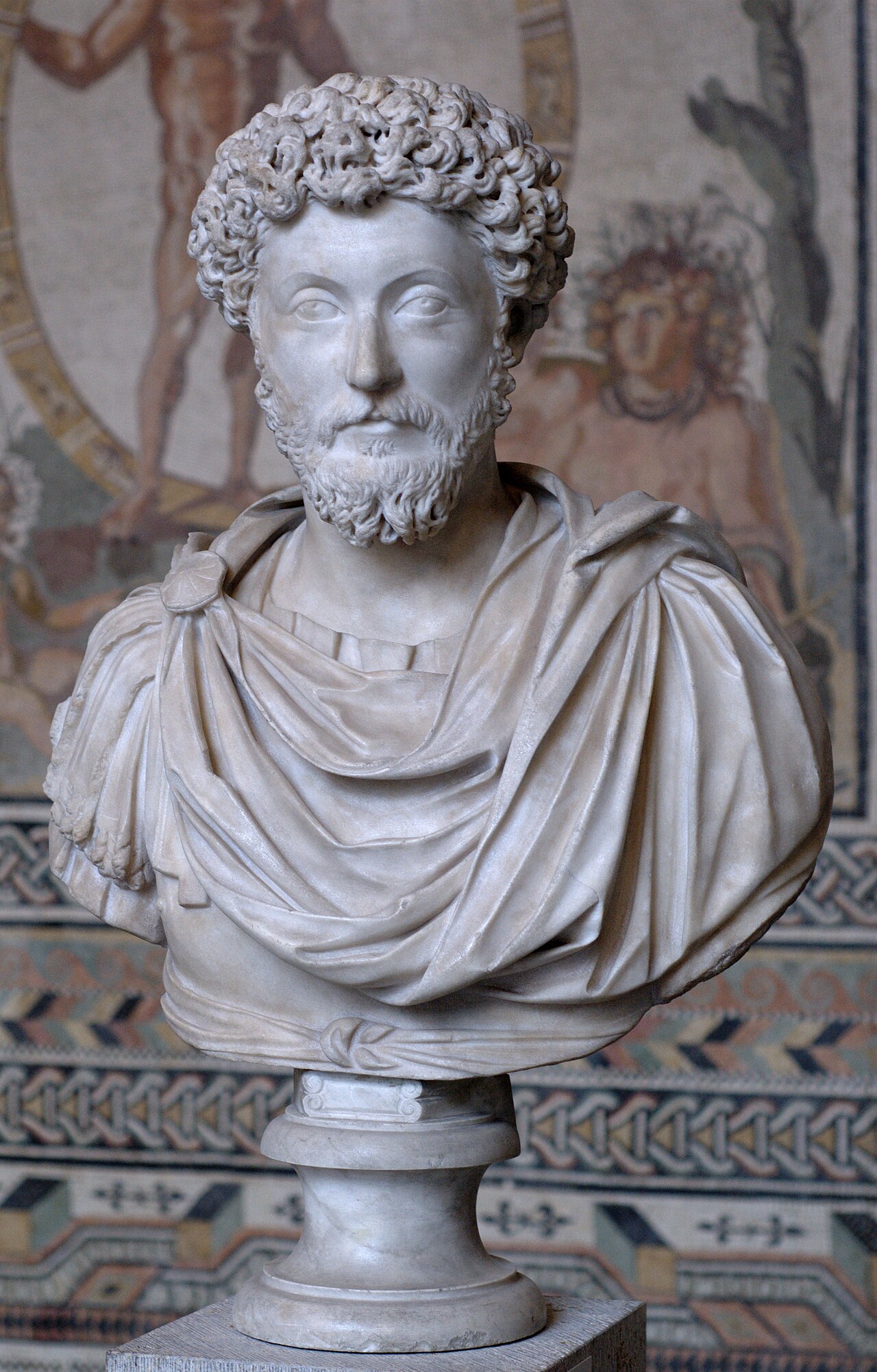 Busto de Marco Aurelio (reinado 161–180), Gliptoteca de Múnich. Retrato escultórico de época romana del emperador bajo cuyo reinado se extendió la peste antonina.