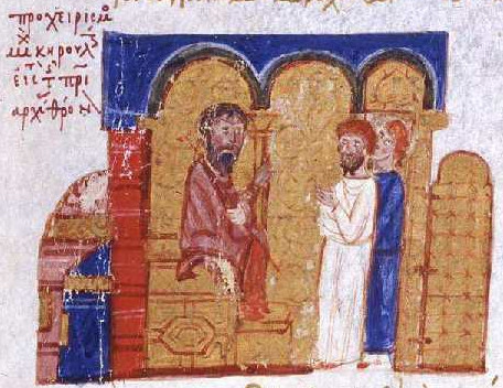 Miniatura medieval que ilustra la entronización del patriarca Miguel Cerulario; Commons la atribuye a un autor desconocido del siglo XIII. Es una imagen posterior a los hechos, no un retrato fiel.