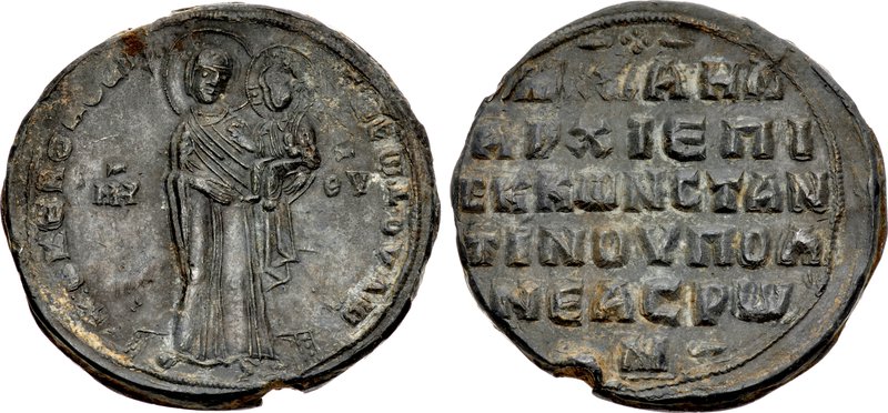 Sello de plomo del patriarca de Constantinopla Miguel Cerulario (1043–1058): a un lado, la Virgen con el Niño; al otro, una inscripción griega con su título. Es un objeto de su cancillería, no un retrato.